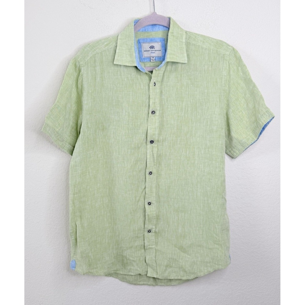 Report Collection 100% Linen Button Up Shirt Men's M Green Short Sleeve Coastal